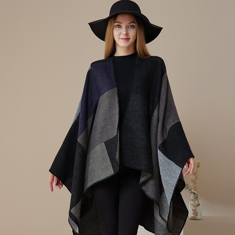 Autumn Gradient Cashmere-Feel Pullover Shawl Cloak