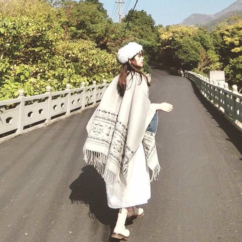 Autumn Gradient Cashmere-Feel Pullover Shawl Cloak
