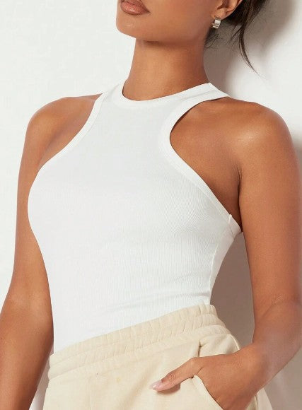 Backless Ribbed Knit Halter Top – White Crop Tank