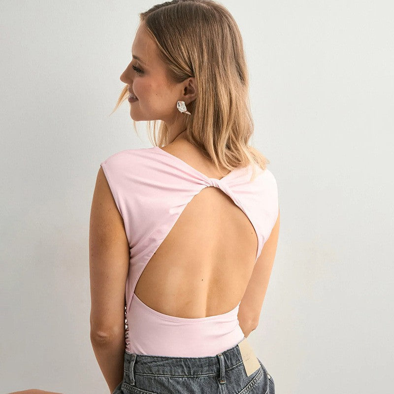 Backless Slim Fit Pullover Top with Off-Shoulder Neck – Pink