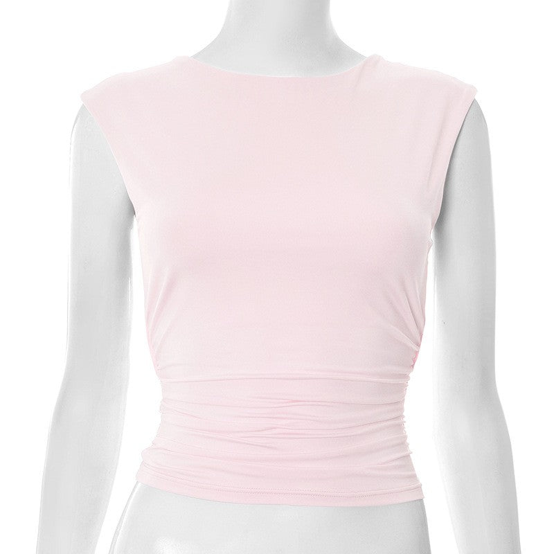 Backless Slim Fit Pullover Top with Off-Shoulder Neck – Pink