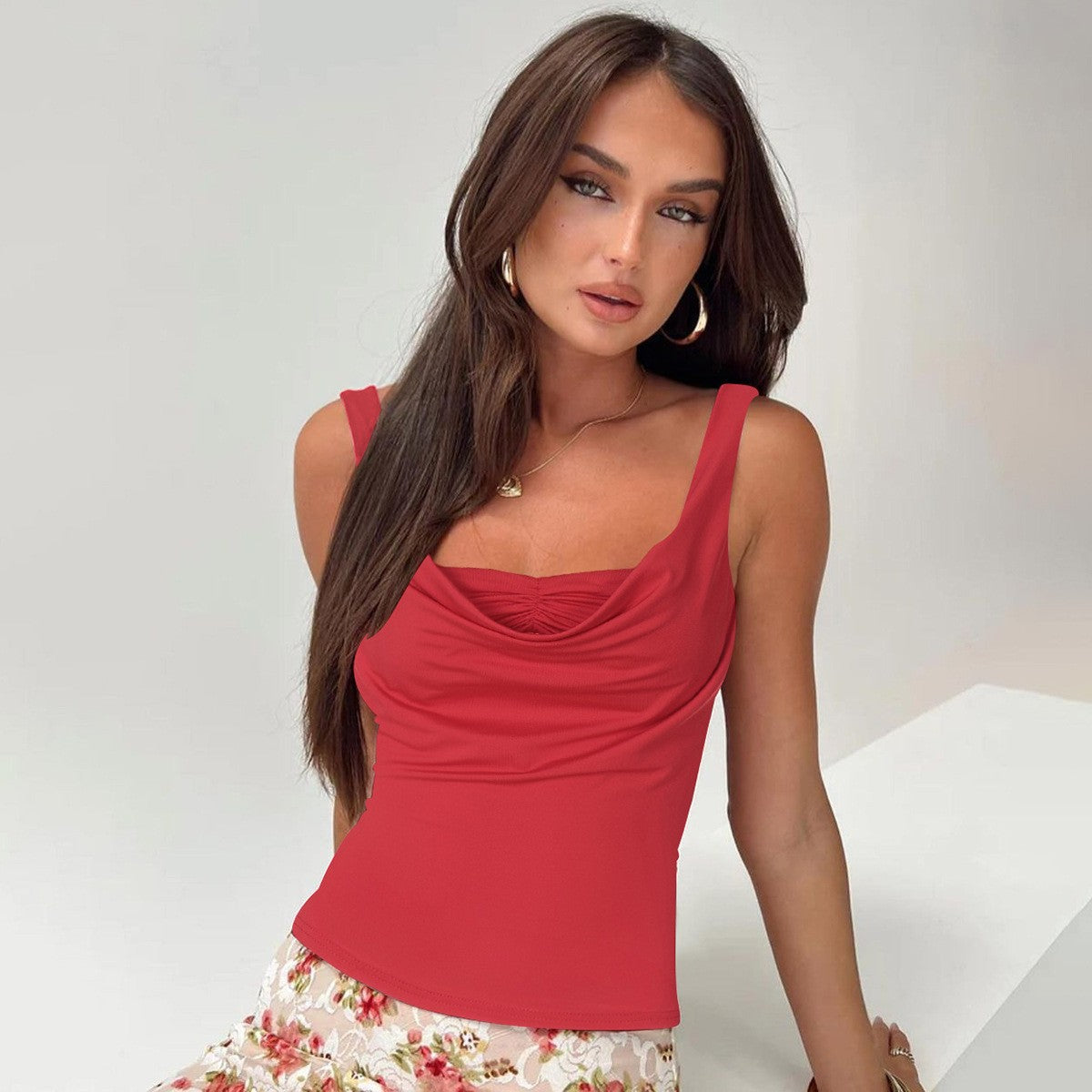 Camisole U-Collar Pleated Crop Top with Adjustable Straps - Slim Fit