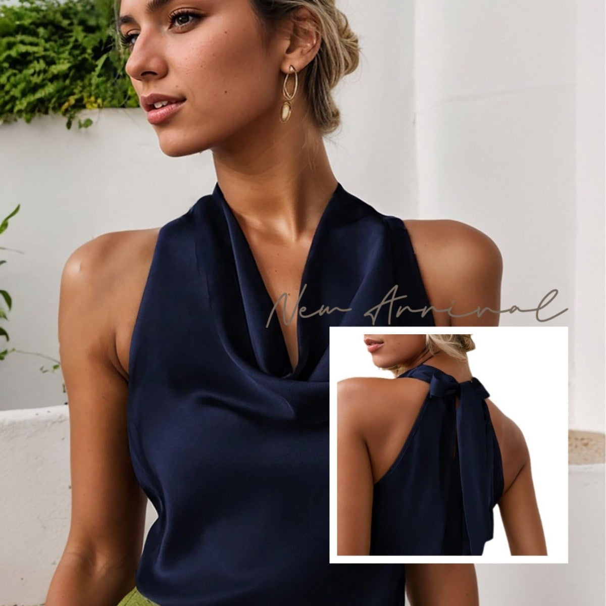 Elegant Halter Neck Backless Vest Top with Folded Front – Sleeveless Design