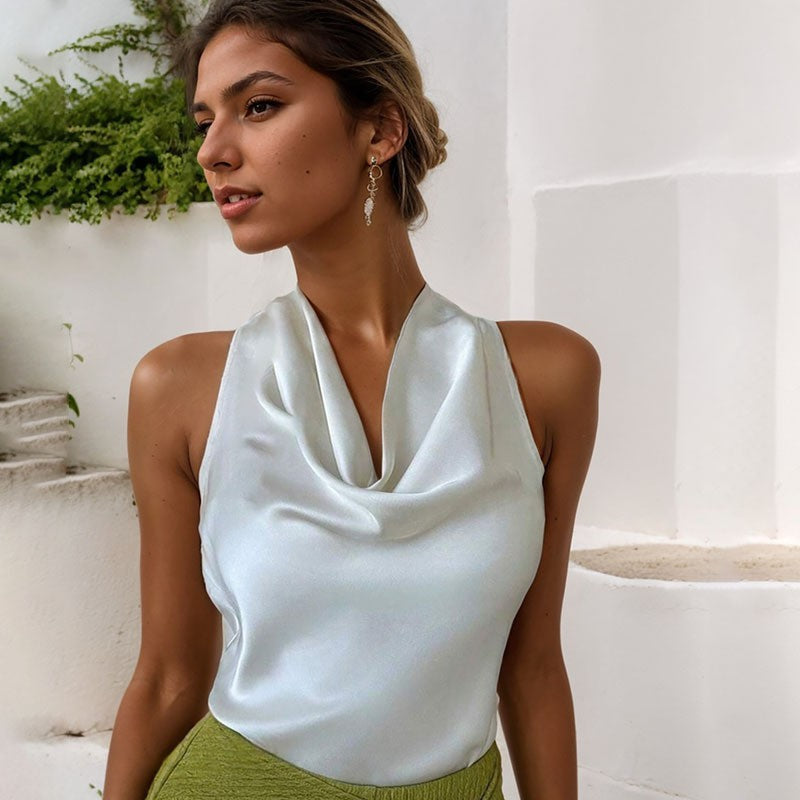 Elegant Halter Neck Backless Vest Top with Folded Front – Sleeveless Design