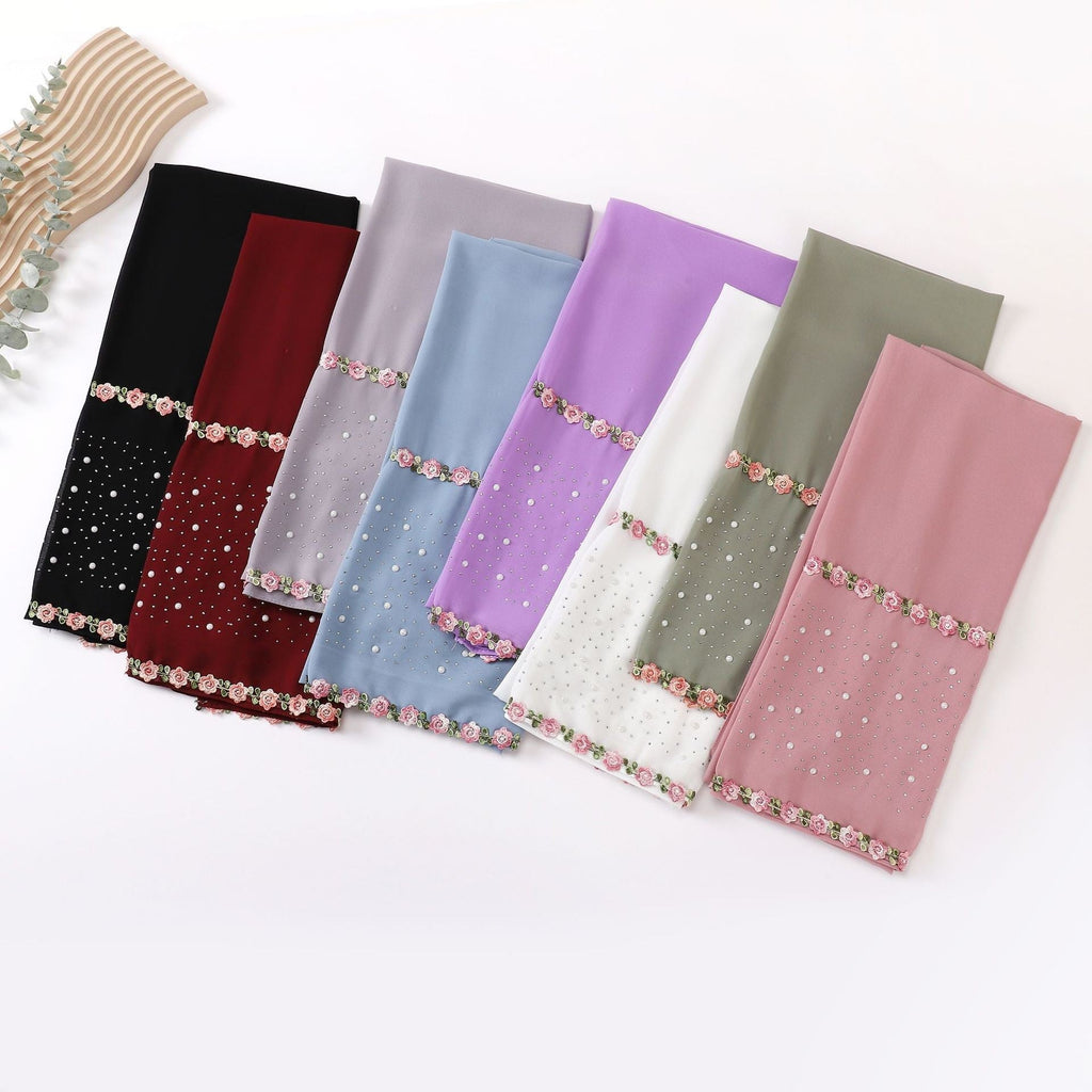 Pearl-Embellished Chiffon Headscarf Wrap