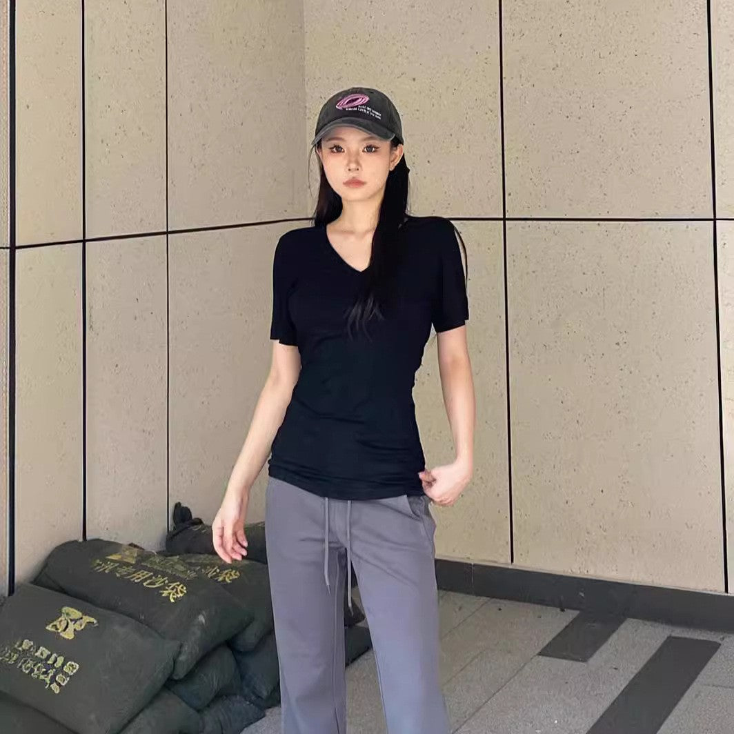 Pink V-Neck Slim Fit Short Sleeve Blouse