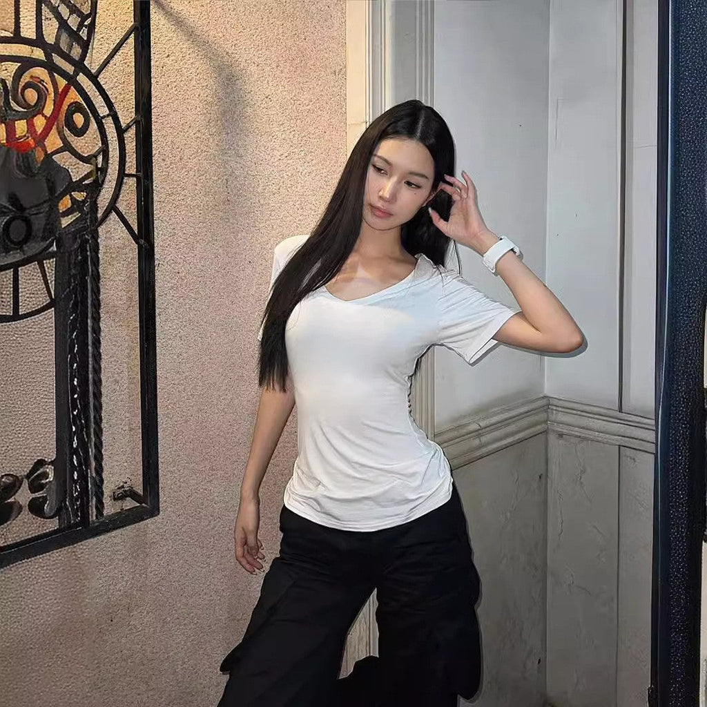 Pink V-Neck Slim Fit Short Sleeve Blouse