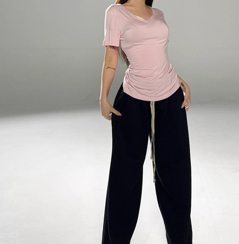 Pink V-Neck Slim Fit Short Sleeve Blouse