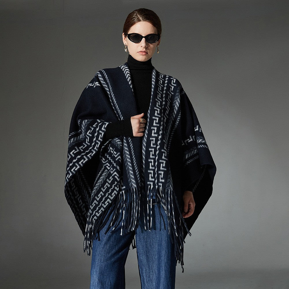 Sofia Ethnic Jacquard Shawl with Tassels in Navy Blue