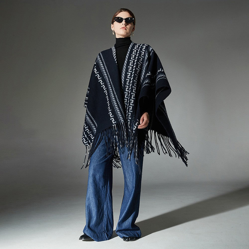 Sofia Ethnic Jacquard Shawl with Tassels in Navy Blue