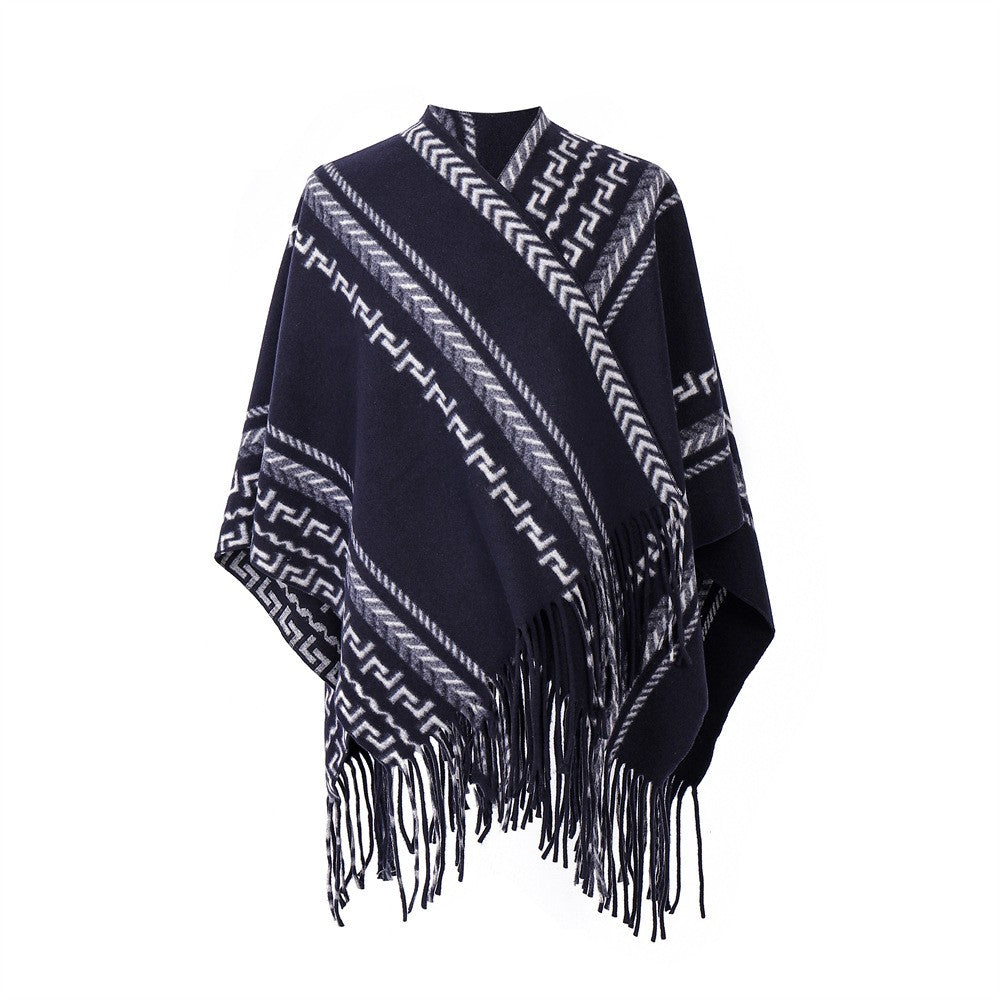 Sofia Ethnic Jacquard Shawl with Tassels in Navy Blue