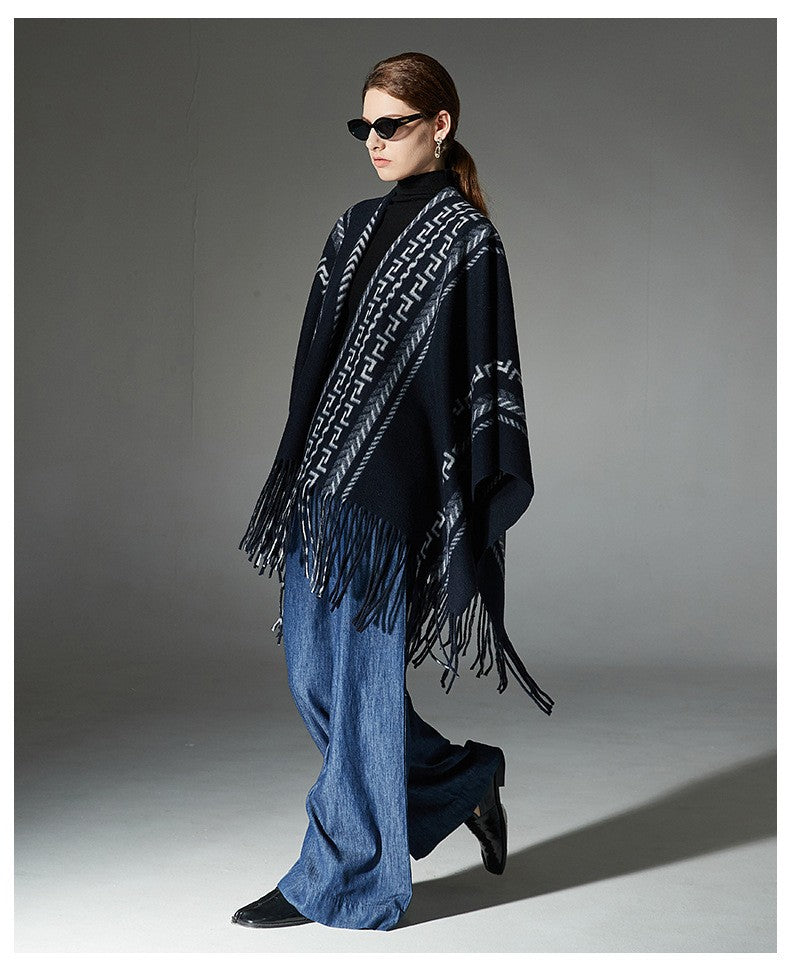 Sofia Ethnic Jacquard Shawl with Tassels in Navy Blue