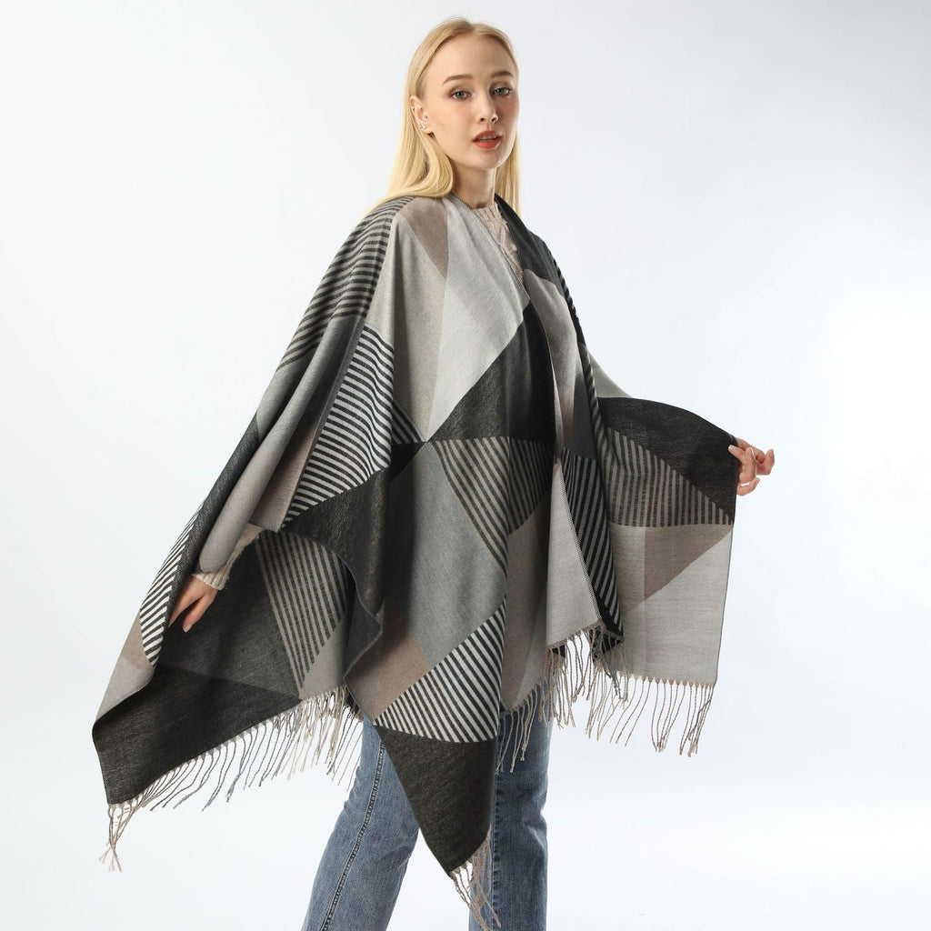 Warm Tassel Jacquard Shawl Scarf – Plaid Print