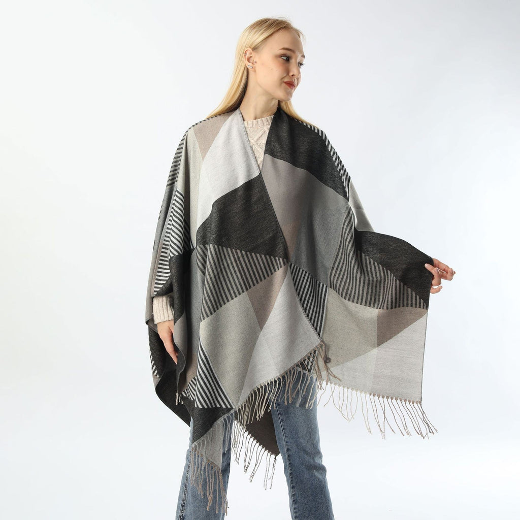 Warm Tassel Jacquard Shawl Scarf – Plaid Print
